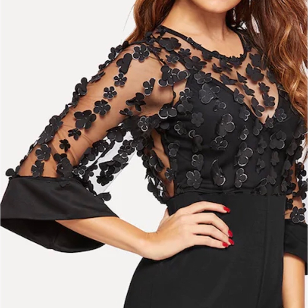 Embellished Open Back Mesh Flower Jumpsuit - Picture 4 of 5